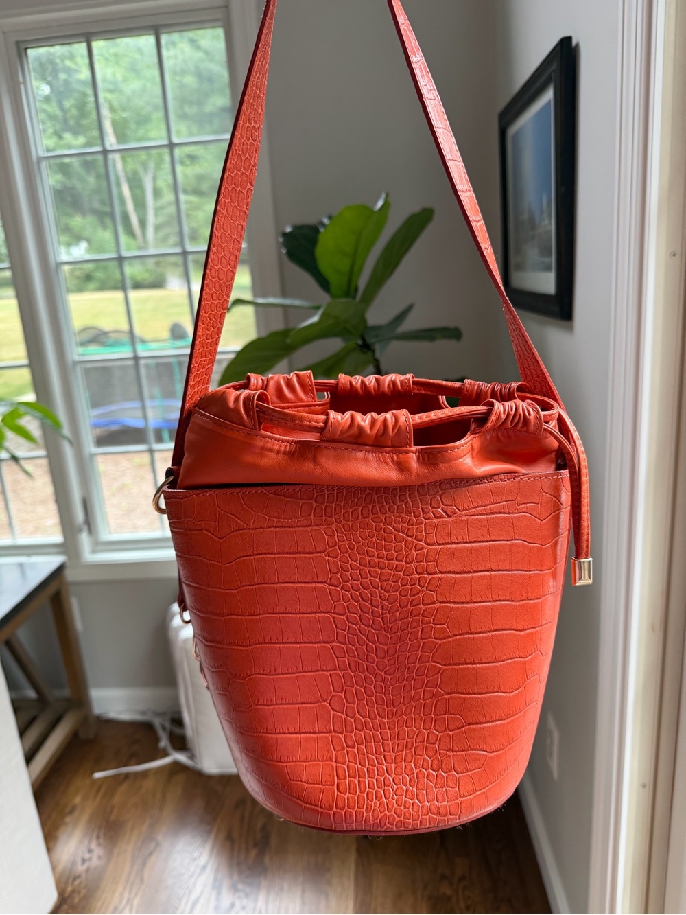 Divine Firenze Red Orange Croc-Embossed Italian Leather Bucket Bag